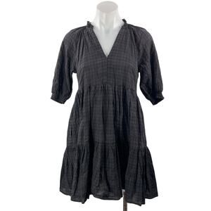 BB Dakota Black Check Plaid Short Sleeve V Neck Tiered A Line Mini Dress Size XS